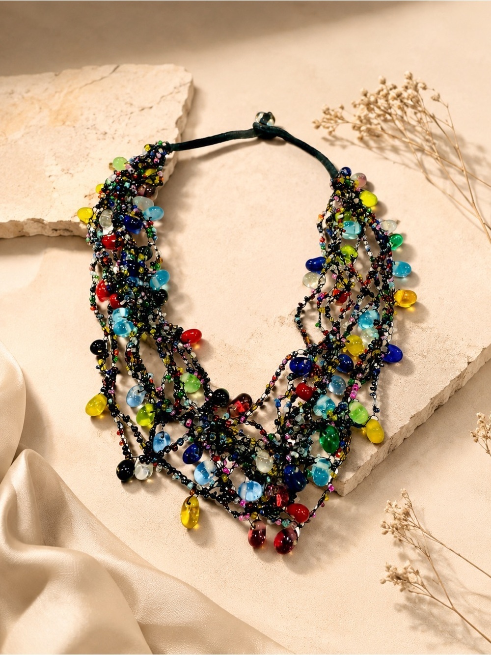 Vintage multi-strand colourful Glass Beads hand knitted string Necklace
